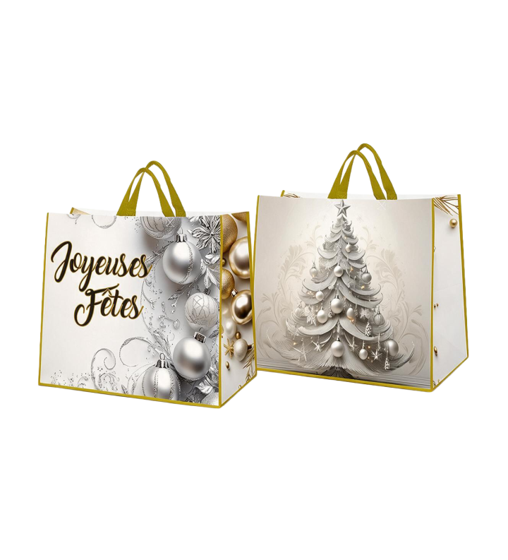 Sac PP Tissé Anse Rouge Joyeuses Fêtes 400+120+120x350 - Evenplast