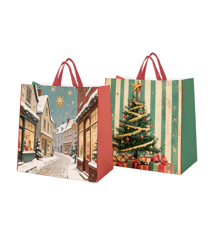 Sac PP Tissé Anse Rouge Joyeuses Fêtes 400+120+120x350 - Evenplast